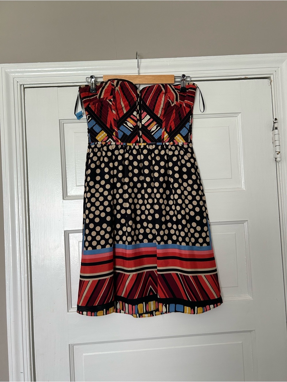 MM Couture Strapless Polka Dot and Geometric Print Dress in Black, Red, Blue
